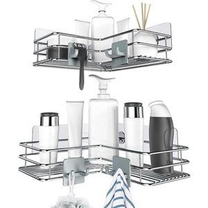 Adhesive Corner Shower Caddy Shelf Basket Rack with Hooks,Rust Proof Shelf